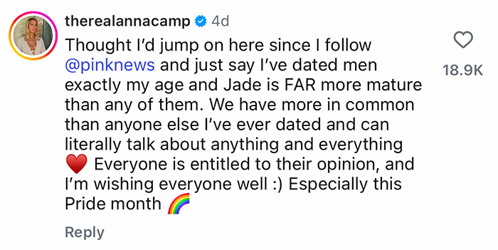 Pitch Perfect star defending 18-year age gap with girlfriend in a heartfelt Instagram comment during Pride month.