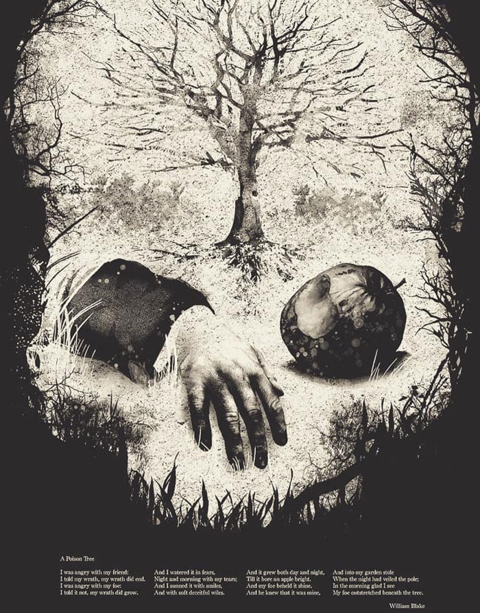 Black and white poison tree tattoo design featuring a bare tree, a crow, a hand, and a poisoned apple symbols. Black and white poison tree tattoo design featuring a bare tree, a crow, a hand, and a poisoned apple symbols.