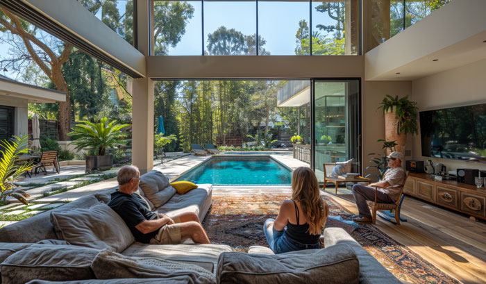 Couple sitting in a modern living room overlooking a pool with no fence, highlighting kids safety concerns.
