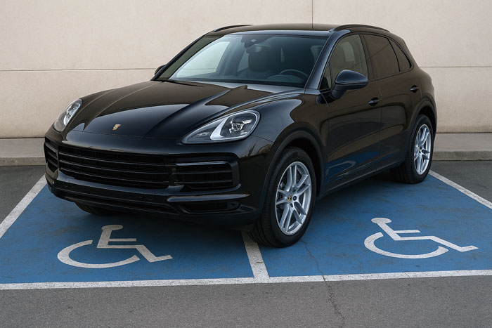 Black Porsche parked improperly across three handicap spots in a parking lot, causing controversy among netizens.