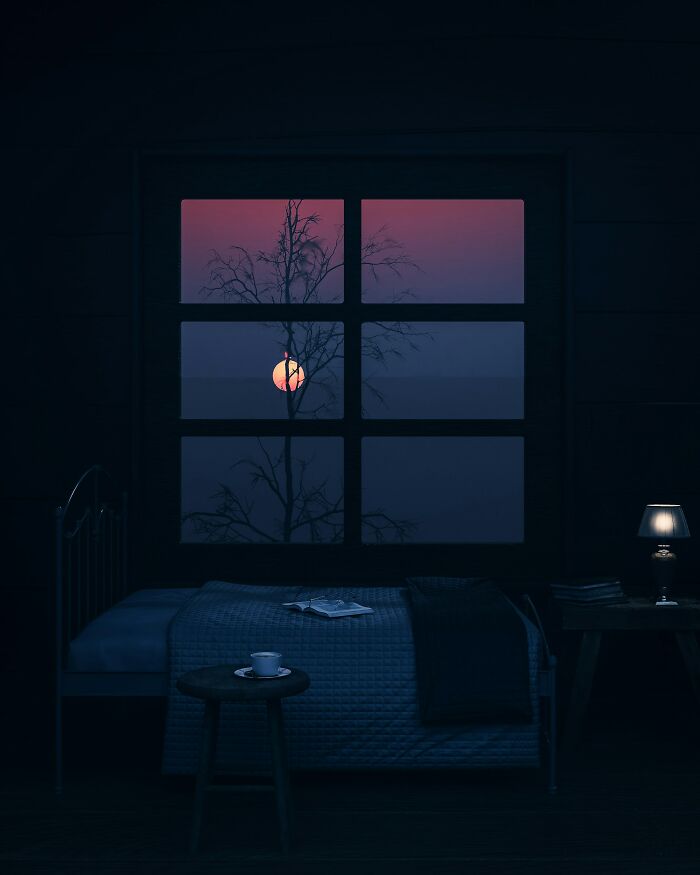 A dimly lit bedroom at dusk with a cup on a stool and a window showing a bare tree and a setting sun beyond.