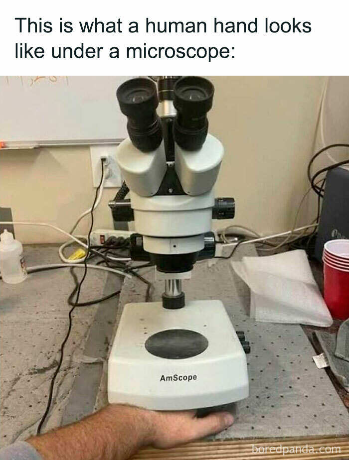 Microscope on a table with a human hand humorously positioned under it, highlighting pun memes and wordplay comedy.