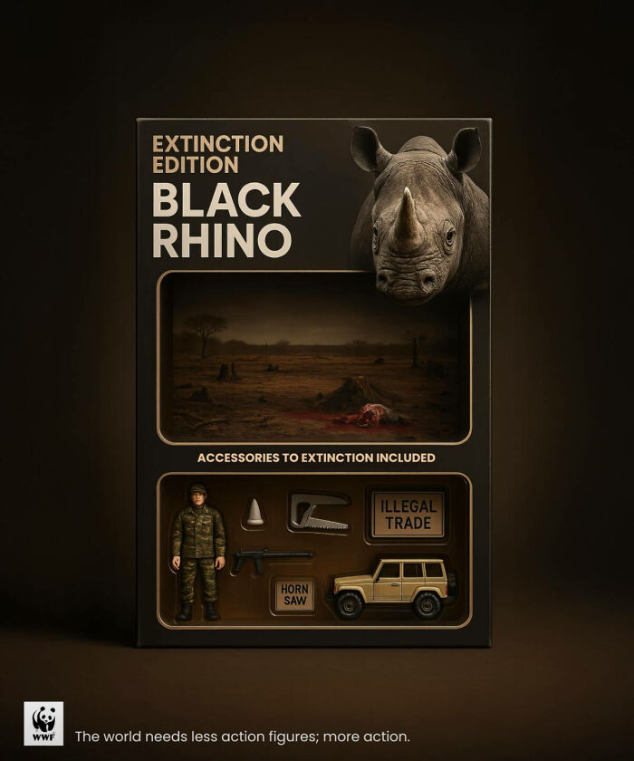 Powerful WWF ad showing black rhino extinction edition action figure with illegal trade accessories in dark packaging.