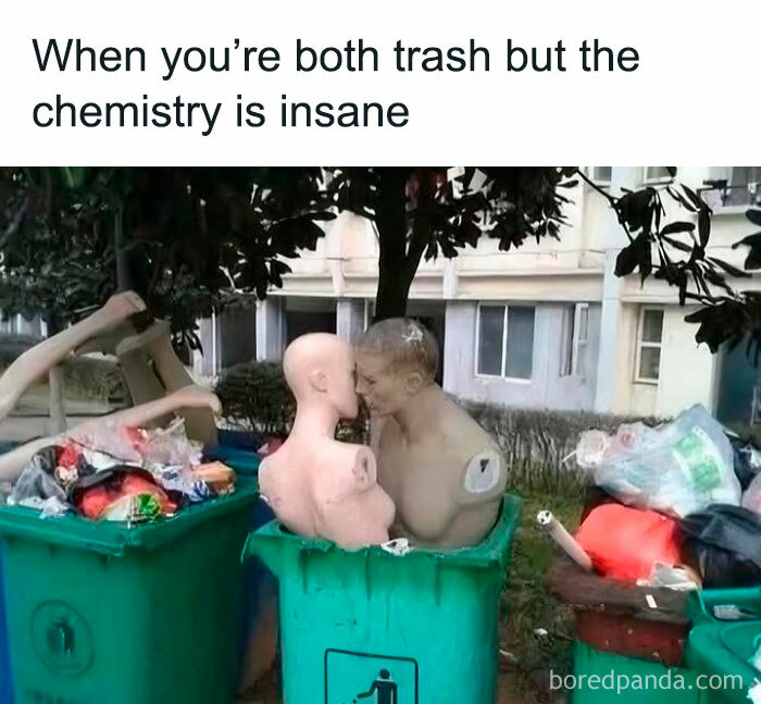 Two mannequin torsos in trash bins appearing to kiss, illustrating hilarious memes about decompressing when life is overwhelming.