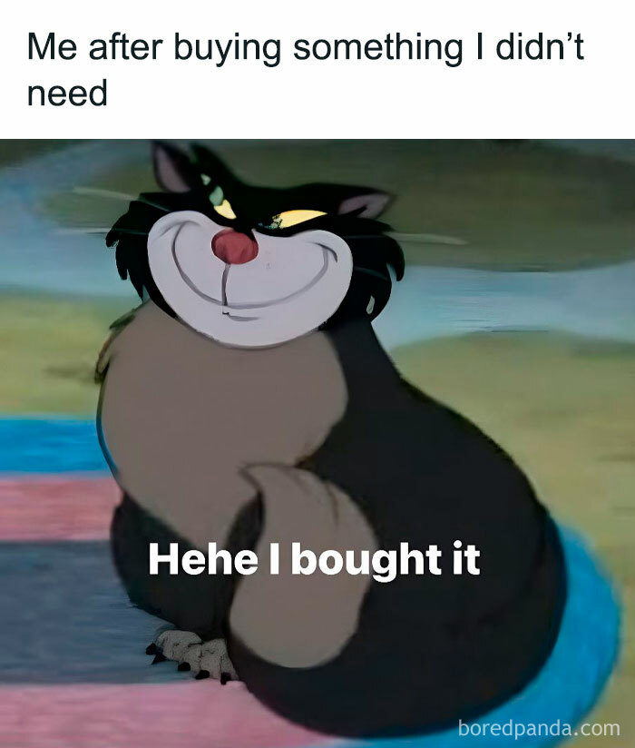 Smiling animated cat meme showing humor after buying something unnecessary, perfect for hilarious memes to help decompress.