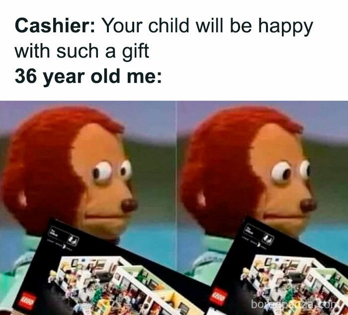 Meme showing awkward monkey puppet looking sideways holding a LEGO set, illustrating decompressing with hilarious memes.