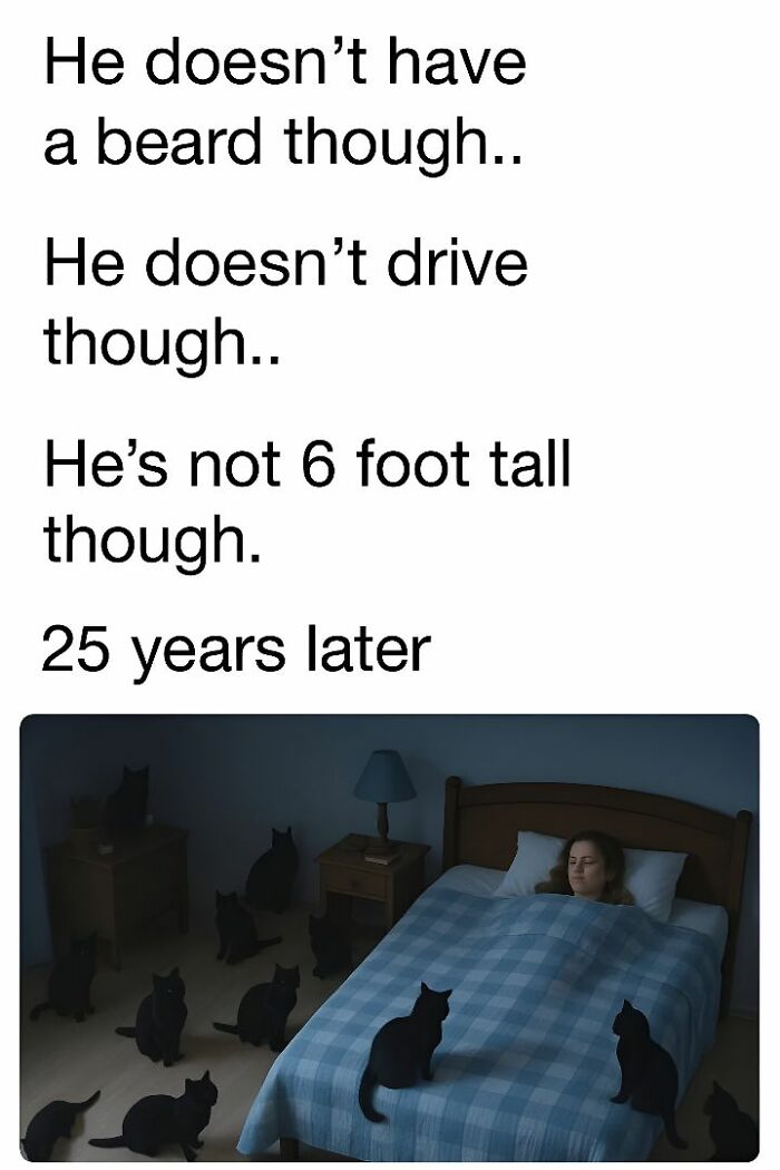 Woman sleeping peacefully in bed surrounded by black cats, a funny meme to help decompress with hilarious memes.