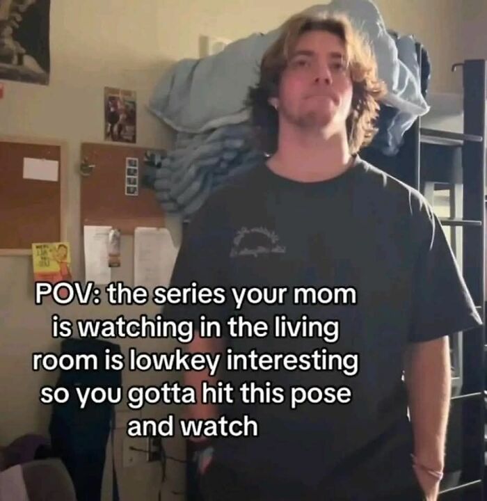 Young man standing in a room with text about a relatable meme to help decompress with hilarious memes.