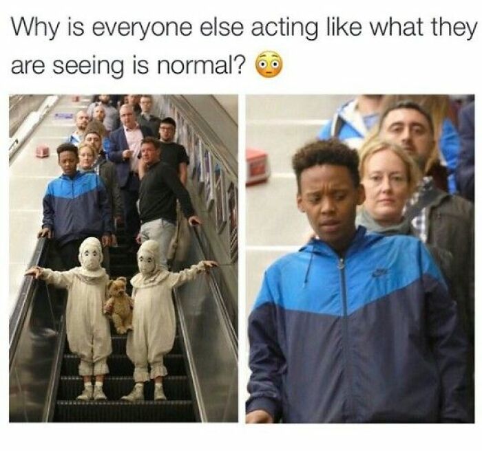 Teen boy looking confused on escalator while others act normal near kids dressed in unusual costumes funny meme for decompressing.
