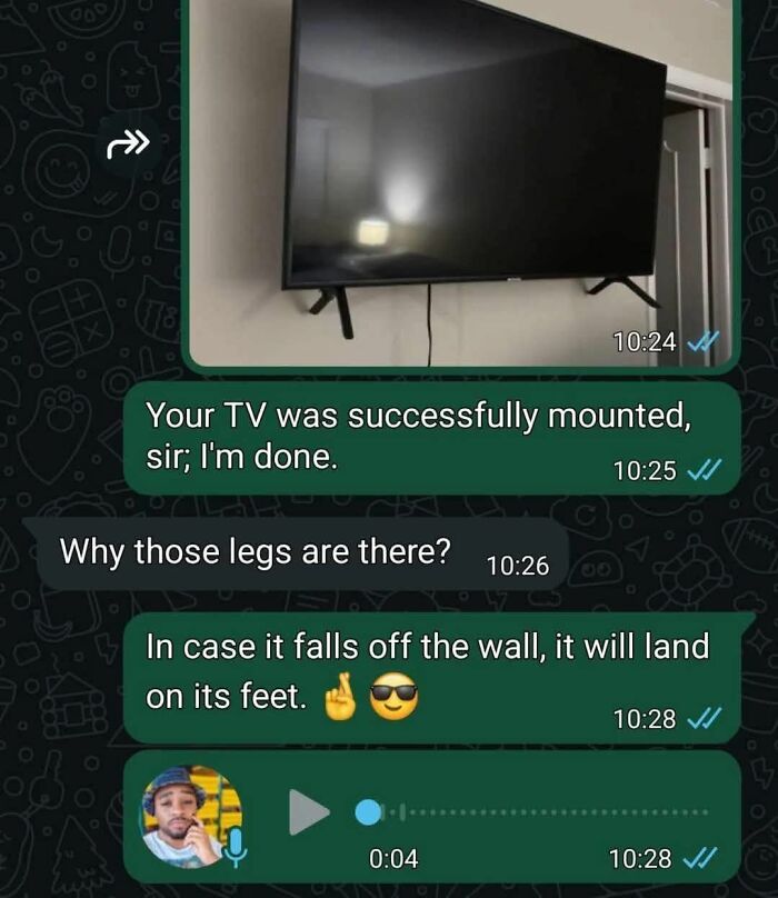 Text message conversation about a TV mounted on the wall with legs added, a funny meme to help decompress.
