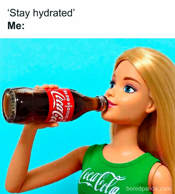 Barbie doll wearing a Coca-Cola top drinking a bottle of Coke, a hilarious meme to help you decompress with humor.