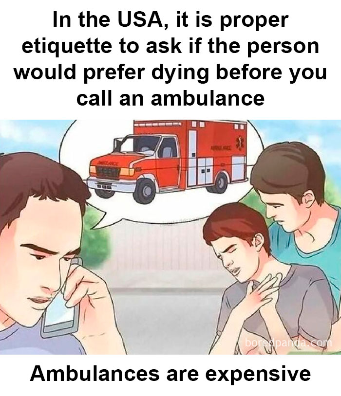 Illustration showing a person calling an ambulance with text highlighting the high cost, a powerful hilarious meme.