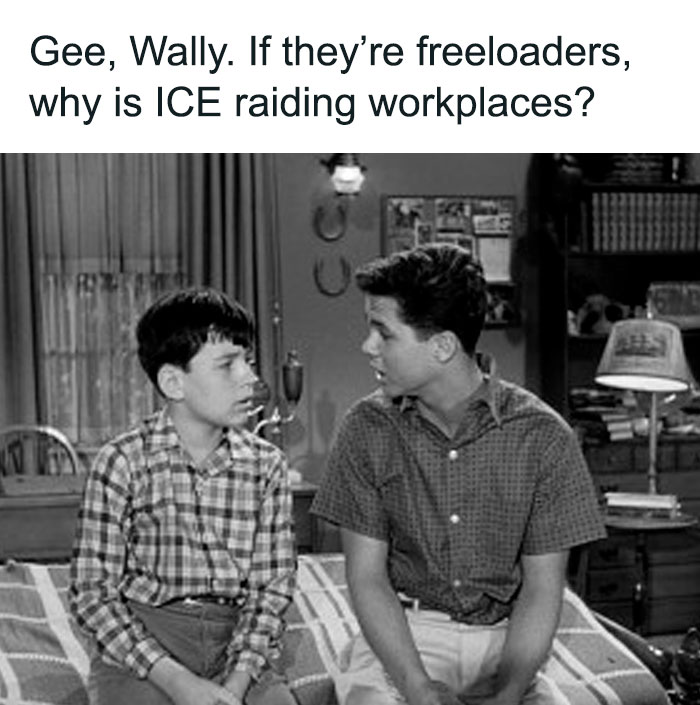 Black and white meme showing two boys talking about ICE raids, featured in powerful memes shared by a Facebook group.