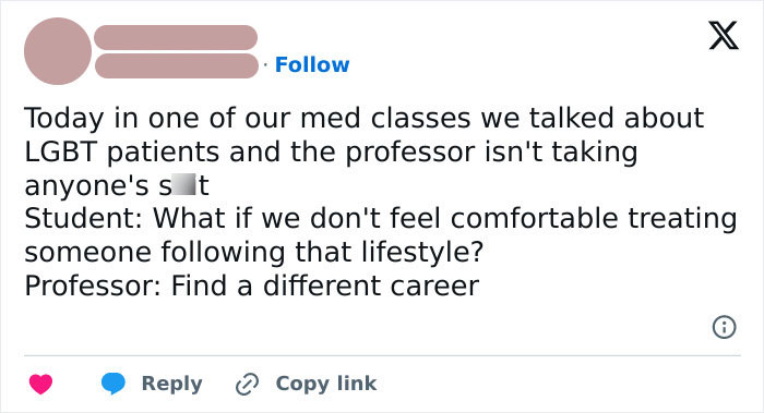 Screenshot of a social media post discussing a med class conversation about LGBT patients and career advice meme.