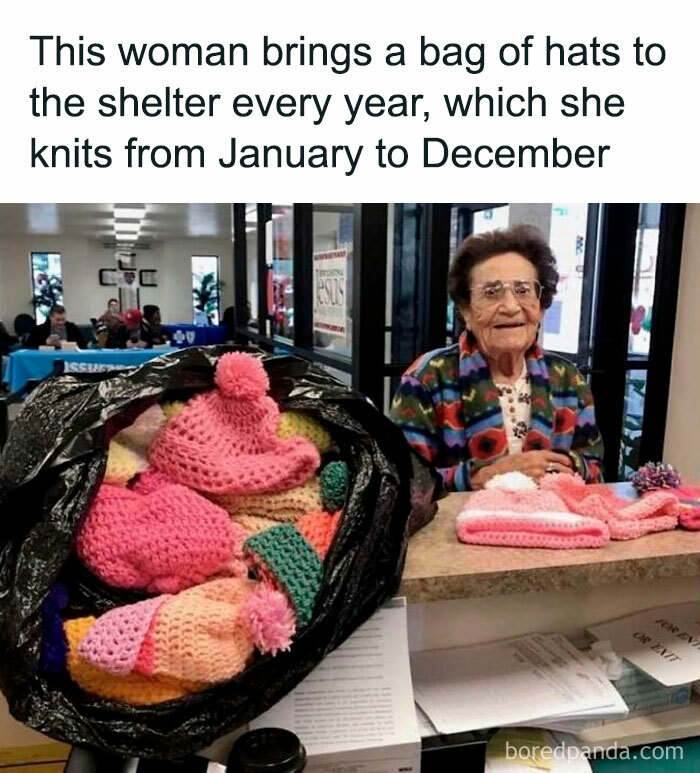 Elderly woman donating a large bag of handmade knitted hats to a shelter, showcasing wholesome memes for favorite people.