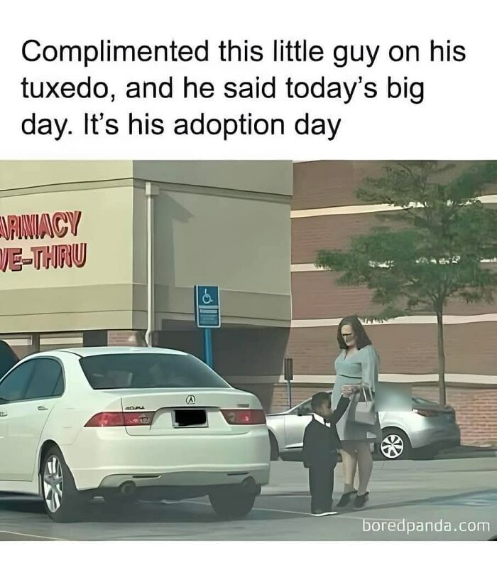 Little boy in a tuxedo with a woman outside a pharmacy, celebrating his special adoption day wholesome memes.