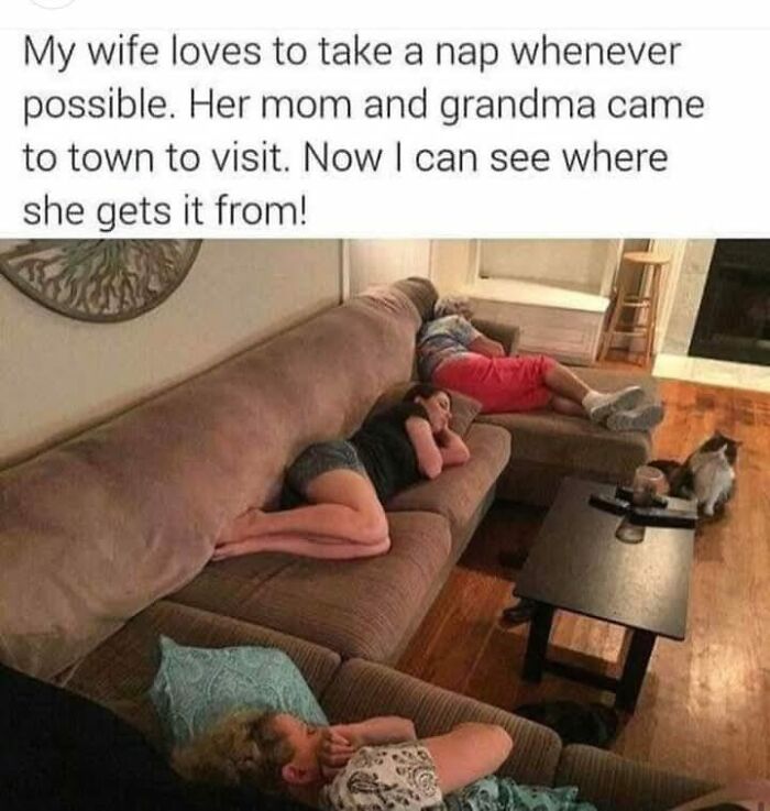 Three family members napping together on a couch showing wholesome moments and memes to share with favorite people.