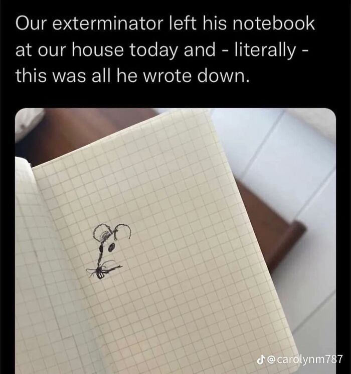 Hand-drawn mouse sketch in a notebook left by exterminator, a wholesome meme to send to your favorite people.