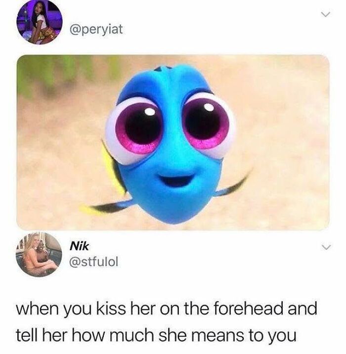 Screenshot of a wholesome meme showing a cartoon fish with big eyes and a loving caption about affection to share.