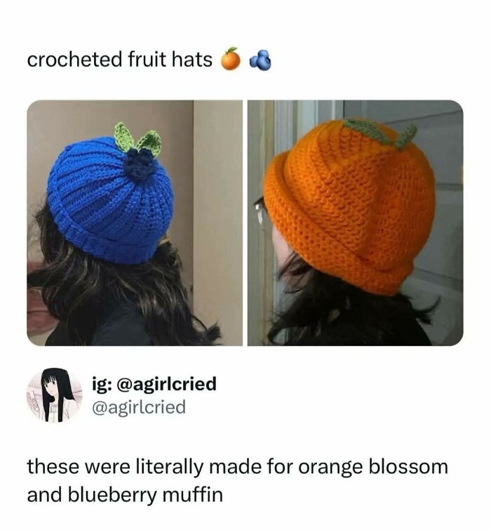 Two crocheted fruit hats, one blue with a blueberry detail and one orange with a leaf, featured in wholesome memes.