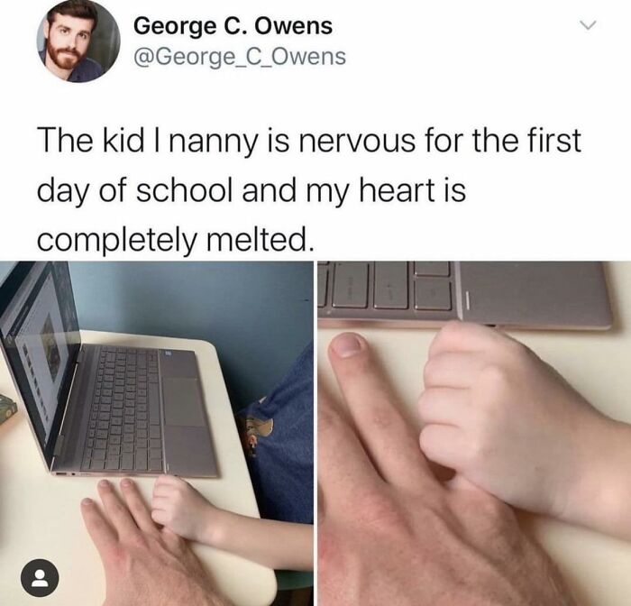 Nanny's heart melts seeing nervous kid hold hand on first day of school in wholesome memes collection.