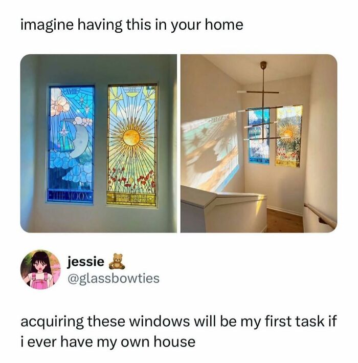 Stained glass windows with sun and moon designs casting colorful light, perfect wholesome memes inspiration for favorite people.