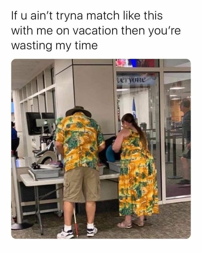 Couple wearing matching tropical outfits at a security checkpoint, capturing a wholesome meme to share with favorite people.