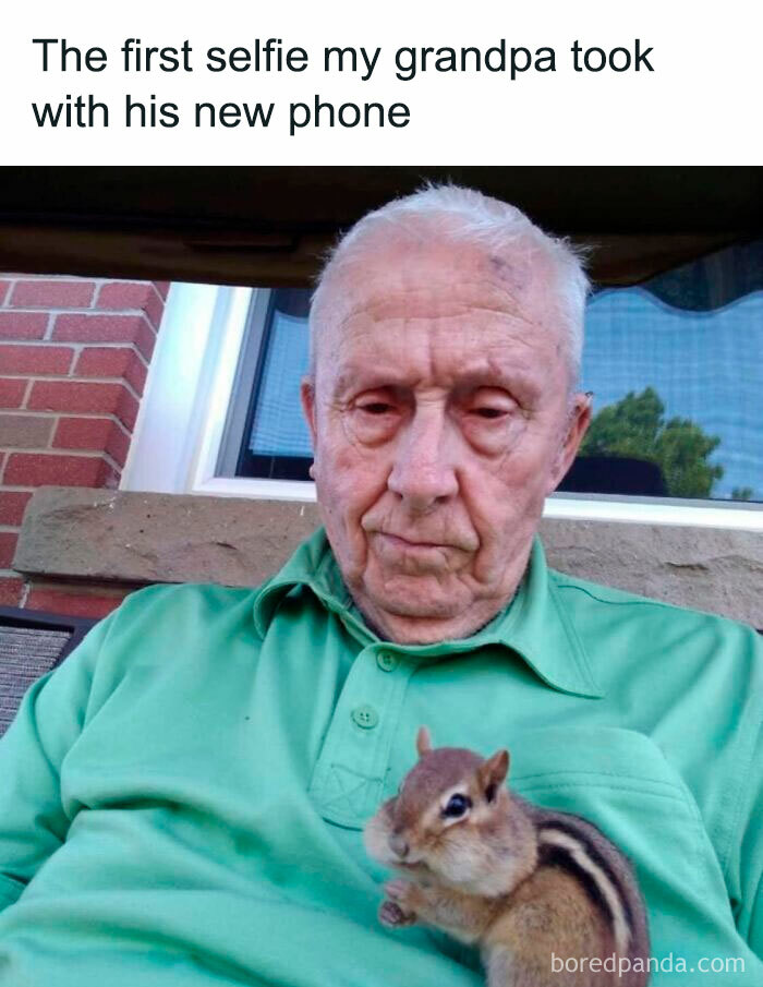 Elderly man in green shirt taking a selfie with a chipmunk on his chest, a wholesome meme for favorite people.