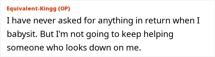 Screenshot of a woman refusing to babysit her niece after experiencing rudeness from her sister-in-law. Screenshot of a woman refusing to babysit her niece after experiencing rudeness from her sister-in-law.