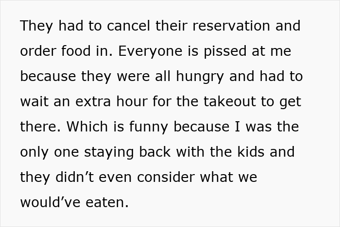 Text on white background about canceling reservation and frustration of babysitting multiple kids during family vacation.