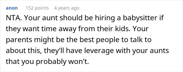 Screenshot of a comment discussing a 17-year-old refusing to babysit multiple kids during a family vacation causing adult conflict.
