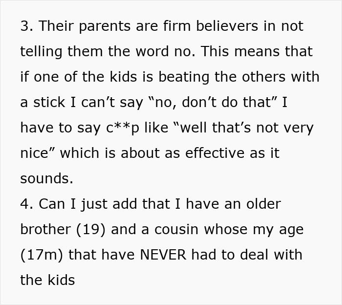 Text excerpt discussing family dynamics and 17-year-old refusing to babysit multiple kids during family vacation.