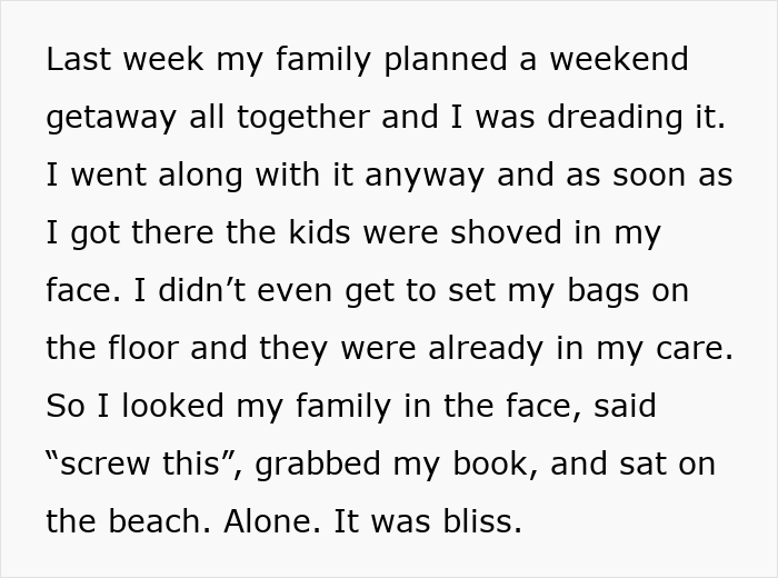 Text describing a 17-year-old refusing to babysit multiple kids during a family vacation, causing adults to meltdown.