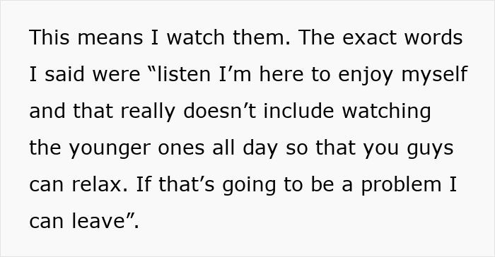 Teen refuses to babysit multiple kids during family vacation, causing adults to react with frustration and meltdown.