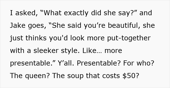 Text excerpt discussing a woman refusing to cut her hair for boyfriend&rsquo;s mom&rsquo;s party, debating style and appearance expectations.