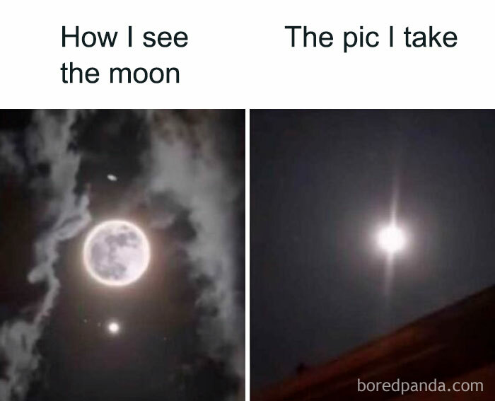 Comparison meme showing how relatable energy affects expectations versus reality when taking pictures of the moon at night.