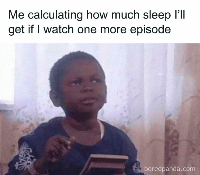 Child holding a calculator with a thoughtful expression, illustrating relatable energy in a humorous meme about sleep calculations.