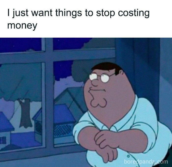Cartoon character looking out window at night with caption about wanting things to stop costing money, relatable energy meme.