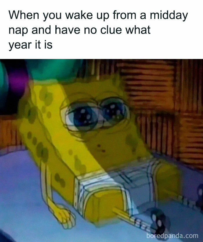 Blurred SpongeBob looking confused after a midday nap, illustrating relatable energy and hilarious meme moments.