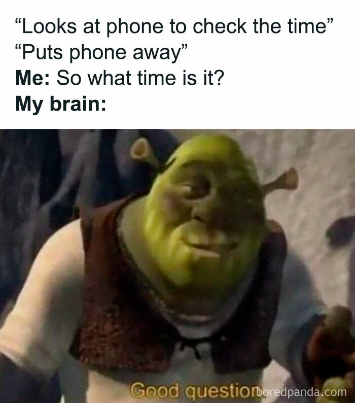Relatable energy meme showing Shrek confused about time after looking at phone then putting it away