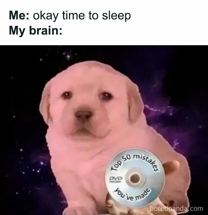 Cute puppy against space background holding a DVD labeled top 50 mistakes, relatable energy meme about overthinking before sleep