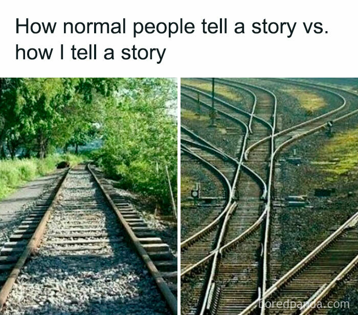 Comparison of a simple railway track versus a complex network illustrating relatable energy in storytelling memes.