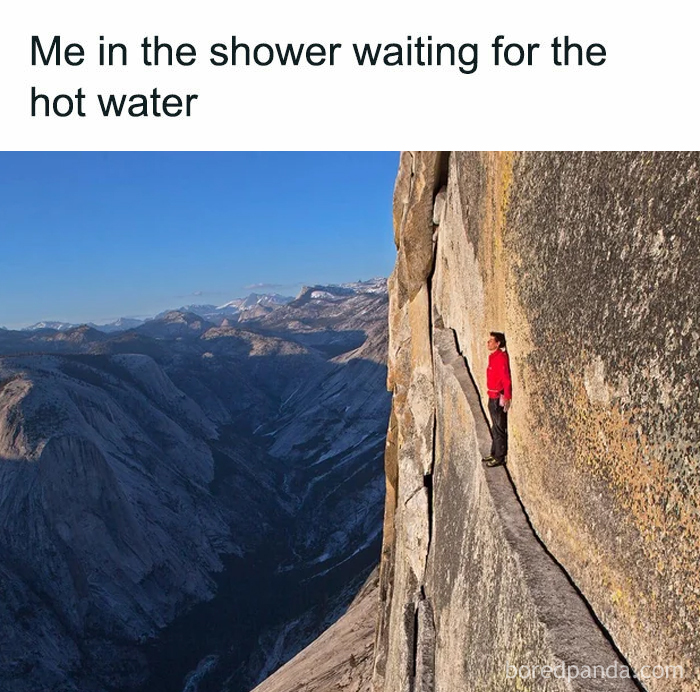 Person in red standing on a narrow cliff ledge above a deep valley, illustrating relatable energy meme humor.