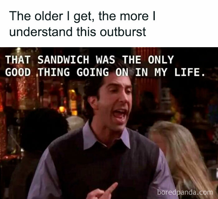 Scene from TV show with man yelling about a sandwich, illustrating relatable energy in a humorous meme.