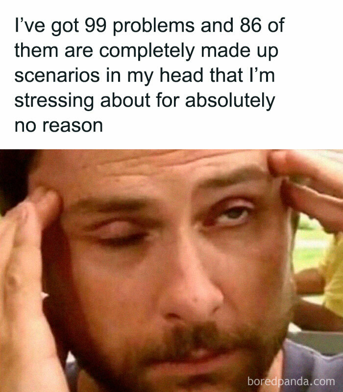Man stressed with hands on temples, illustrating relatable energy and hilarious moments of overthinking and anxiety.