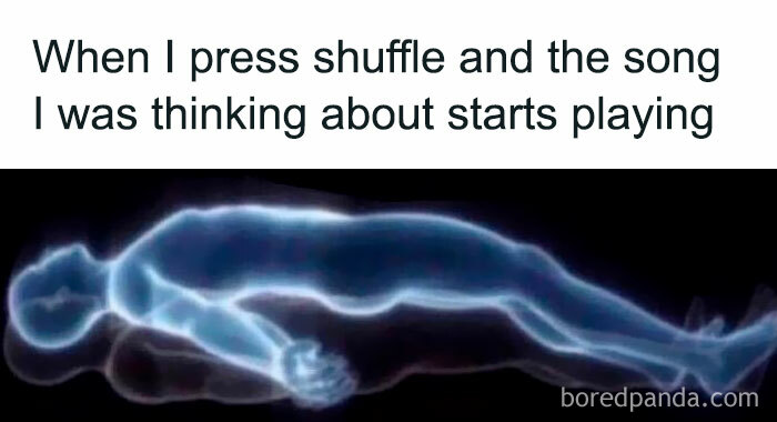 Glowing outline of a person levitating, illustrating relatable energy when a song you think about starts playing on shuffle.