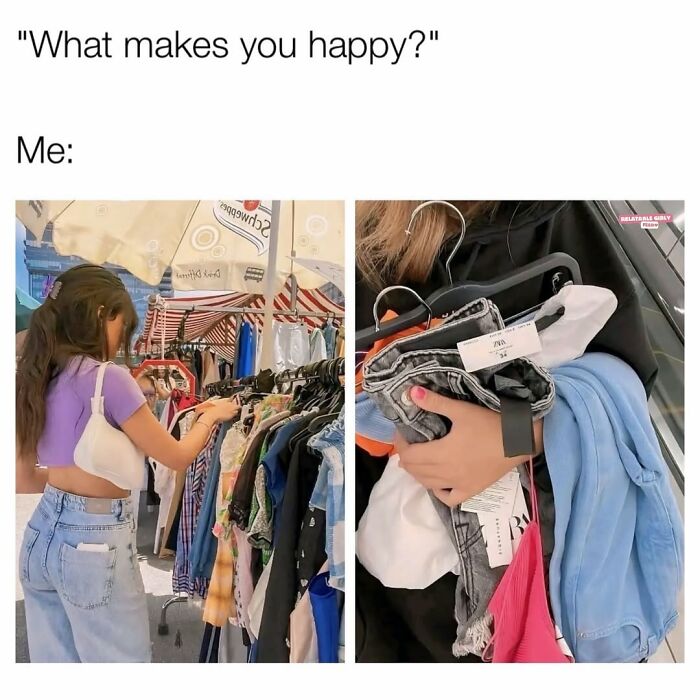 Woman shopping for clothes at an outdoor market, illustrating relatable memes about navigating the world as a woman today.