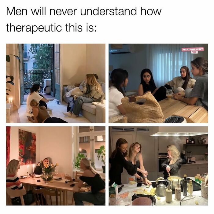 Four images of women relaxing, chatting, and cooking together, capturing relatable moments of navigating life as a woman today.