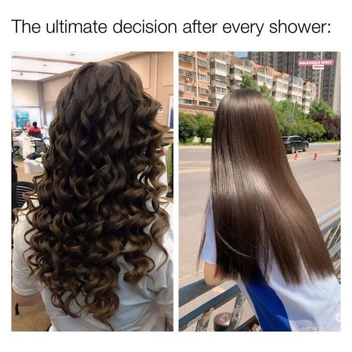Side-by-side images showing curly versus straight hair, capturing the relatable chaos of navigating daily hair decisions as a woman.