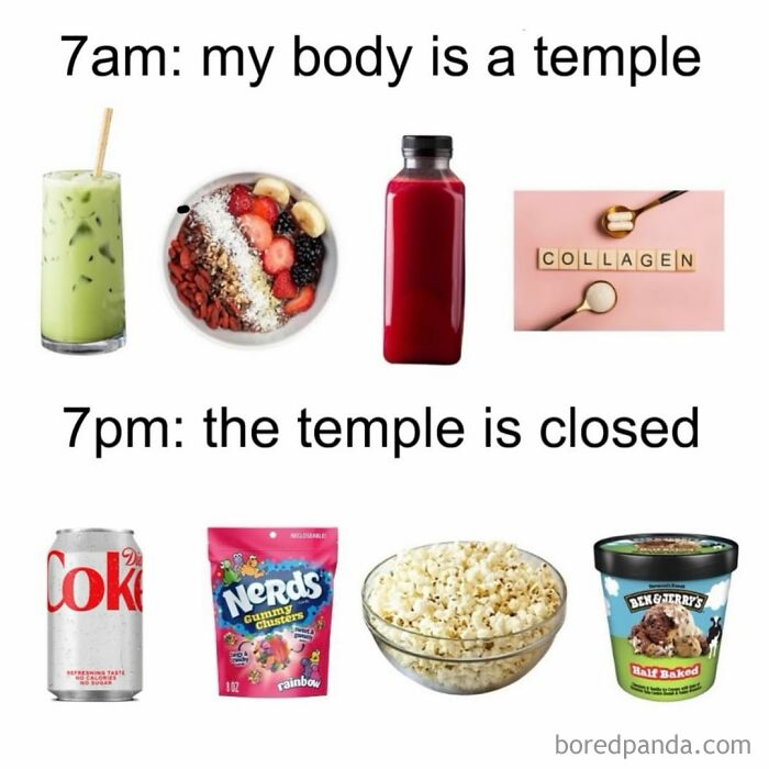 Image showing a humorous comparison of healthy morning foods versus junk foods at night, capturing relatable chaos for women.